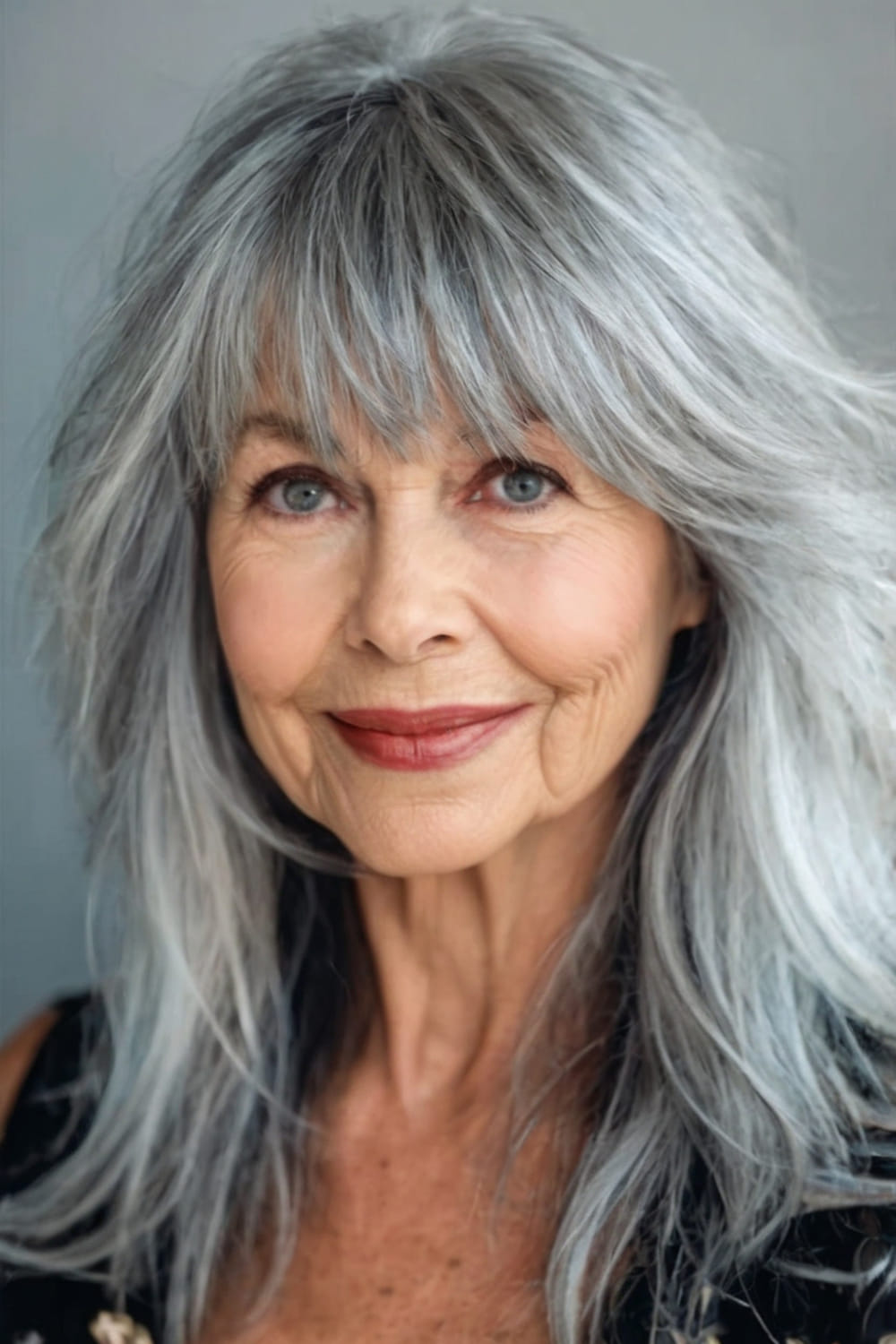 Mid Length Gray Shag with Bangs