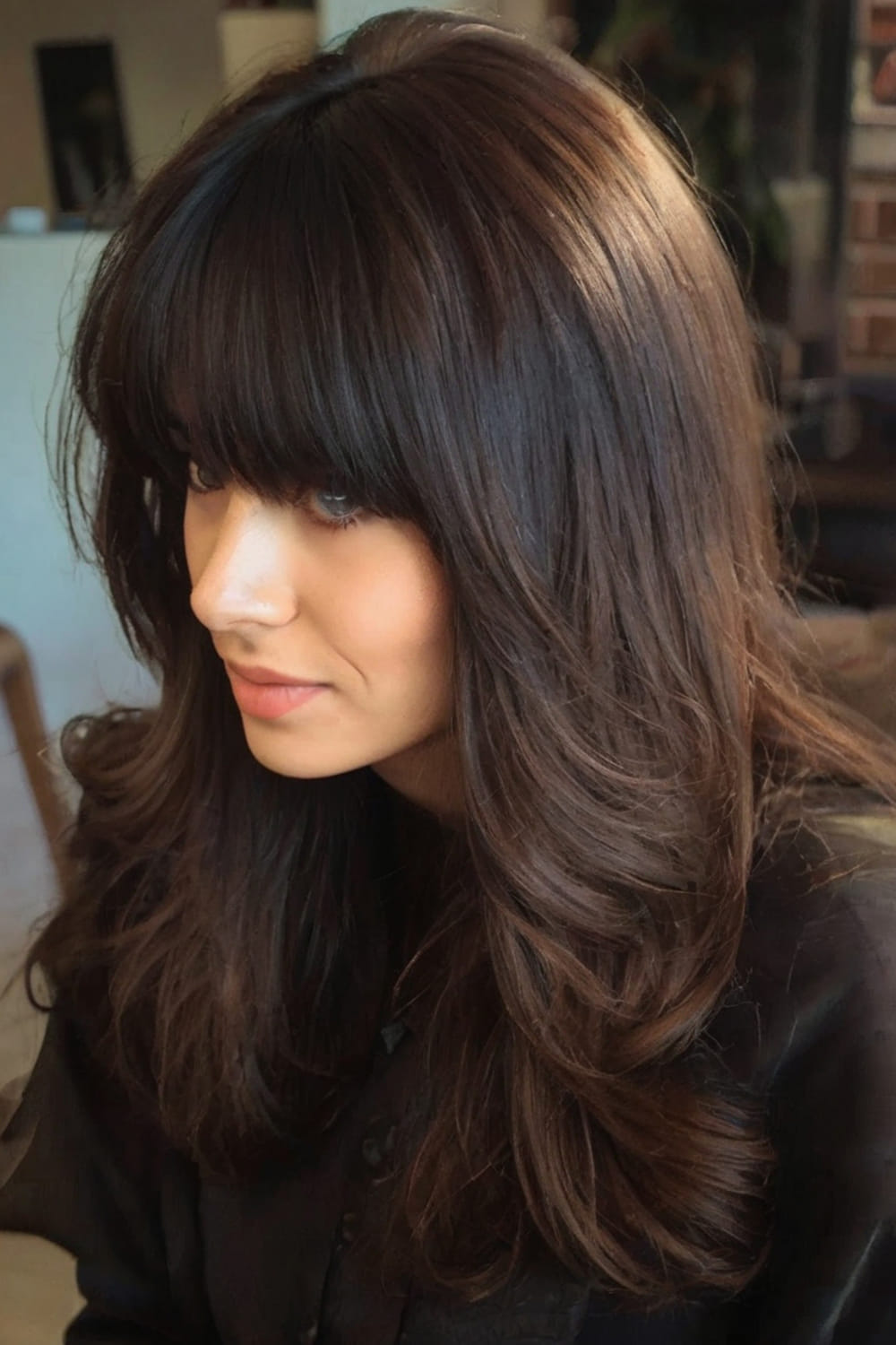 Really Long Hair Layered with Thick Bangs