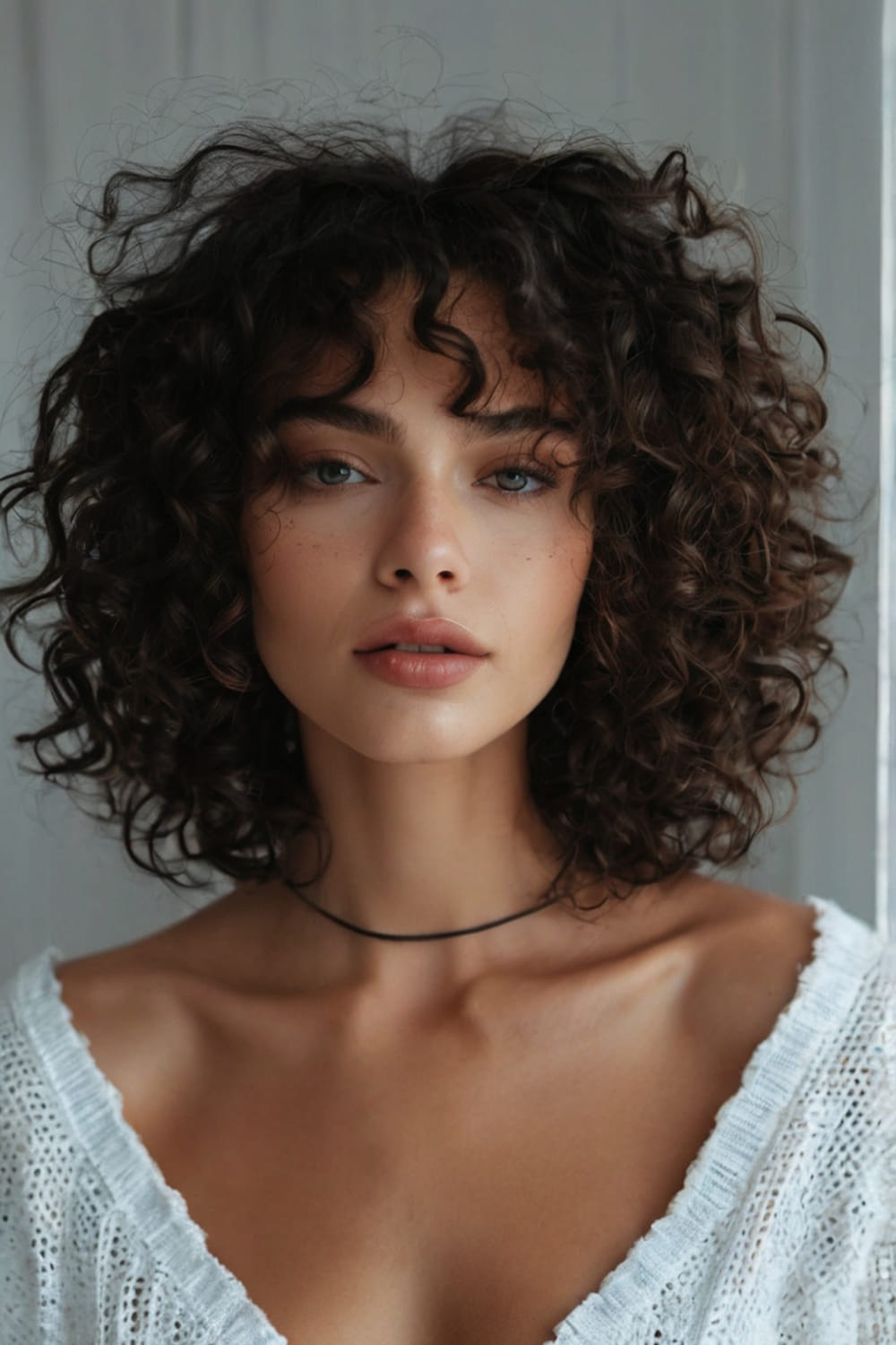 Shoulder Length Curls with Curtain Bangs