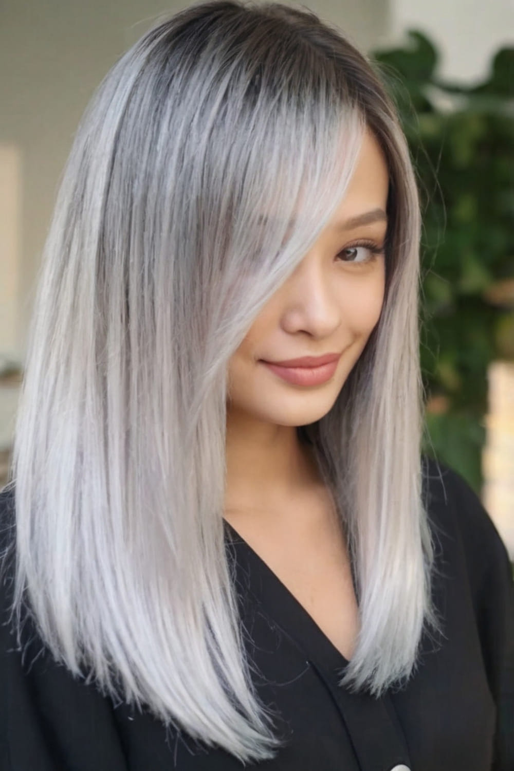 Straight Silver Medium Length Cut