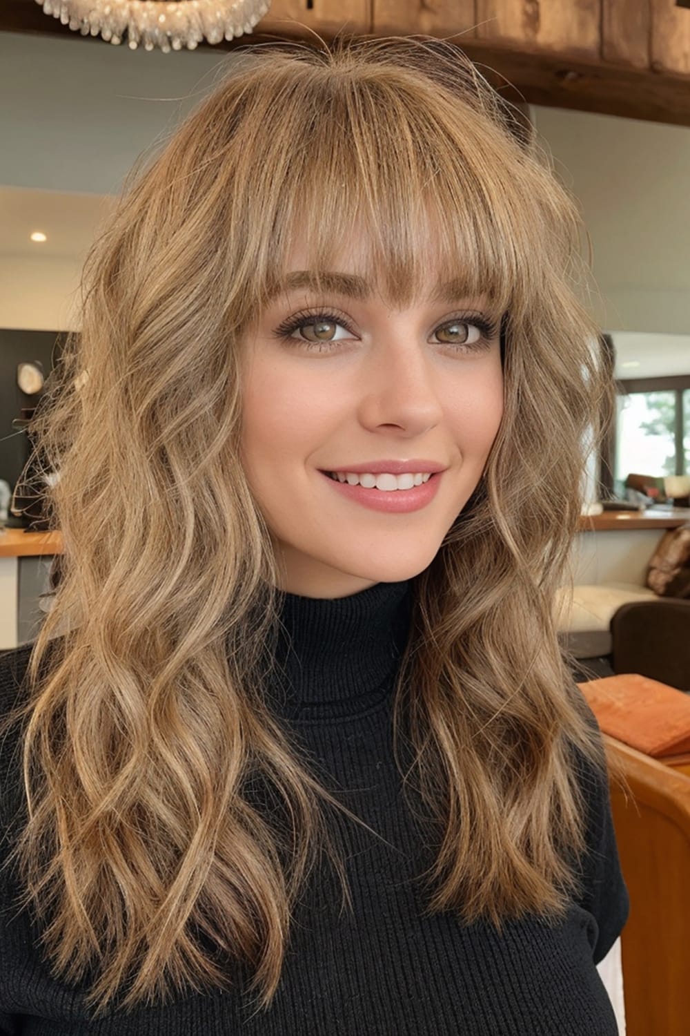 Wavy Bronde Wolf Cut with Choppy Bangs