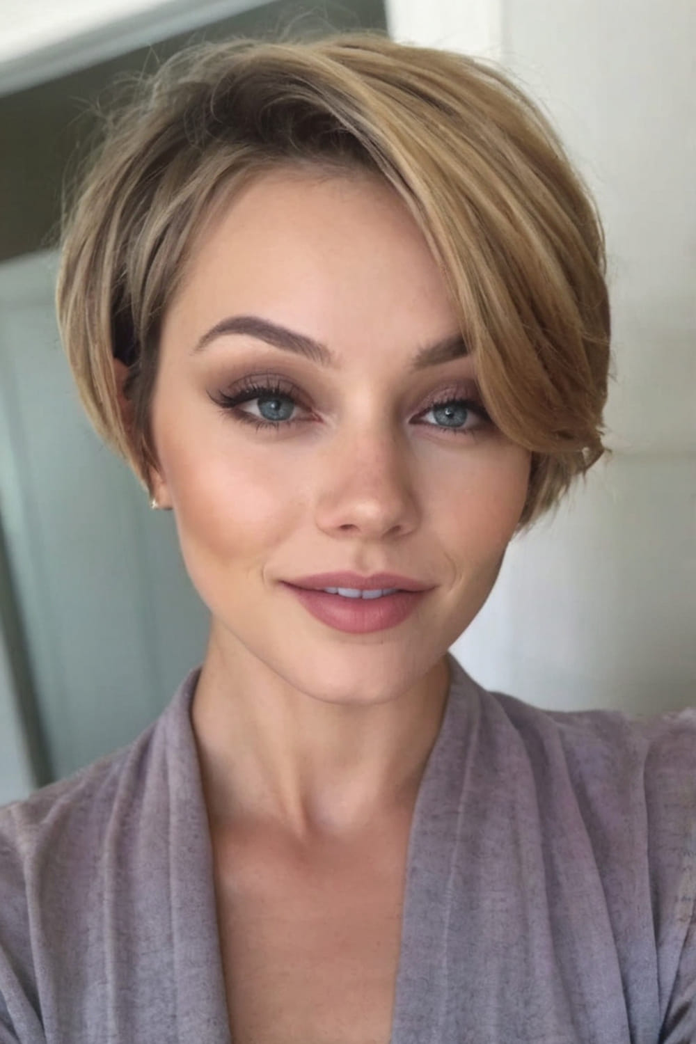 Brunette Pixie Bob with Long Side Bangs