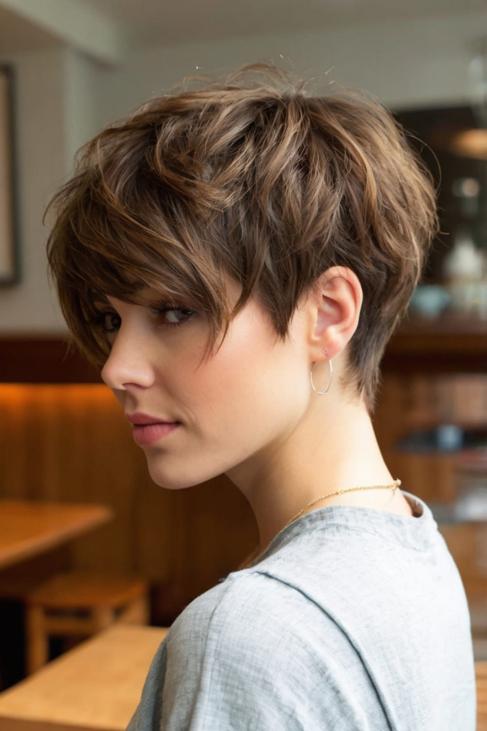 Soft Brunette Long Pixie Bob Cut