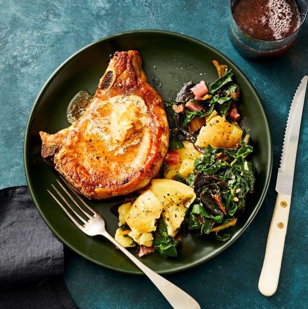 Aleppo Pork Chops with Potatoes and Greens