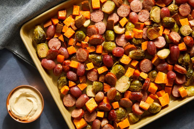 Autumn Kielbasa Sheet Pan Bake with Creamy Curry Dijon Sauce