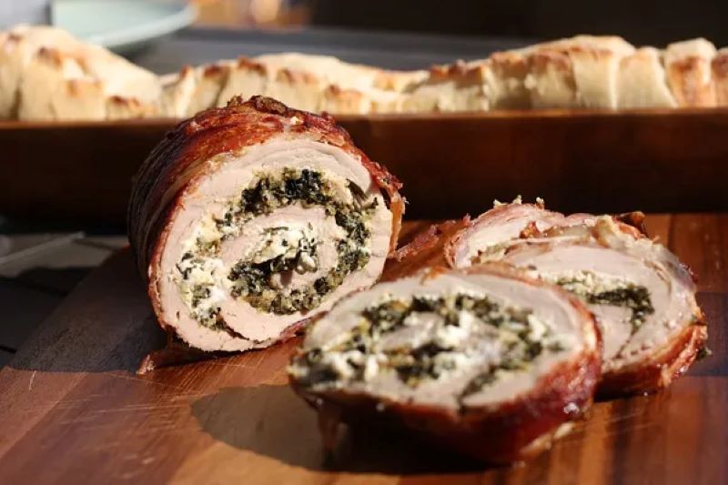 Bacon Wrapped Spinach Stuffed Pork Loin