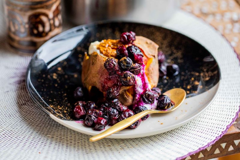 Blueberry & Almond Butter Swirled Sweet Potatoes Bake