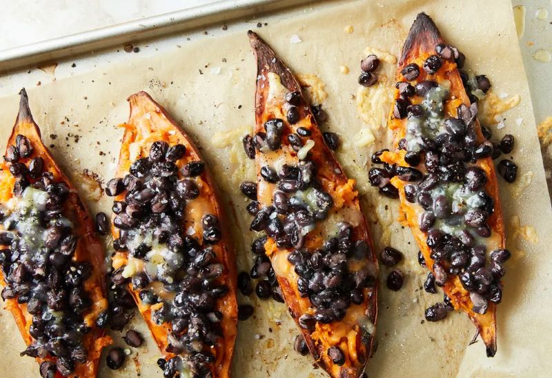 Loaded Sweet Potatoes with Black Beans and Cheddar