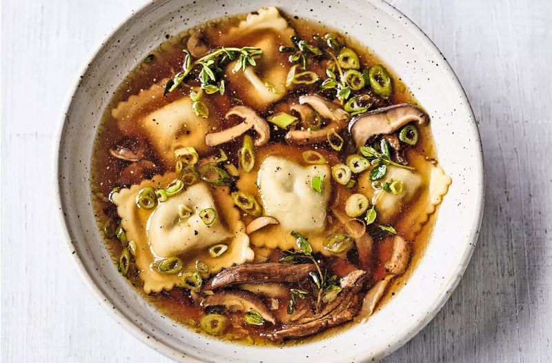 Mushroom & Salad Onion Broth with Ravioli