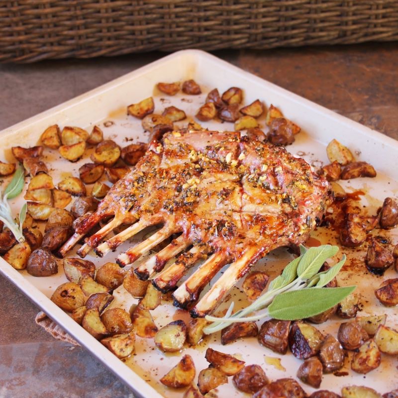 One Pan Roast Rack of Lamb & Green Olive Potatoes