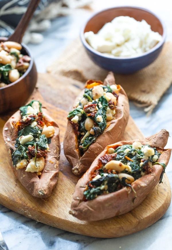 Twice Baked Sweet Potatoes with Spinach and Feta