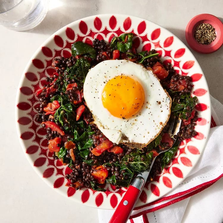 Braised Lentils & Kale with Fried Eggs