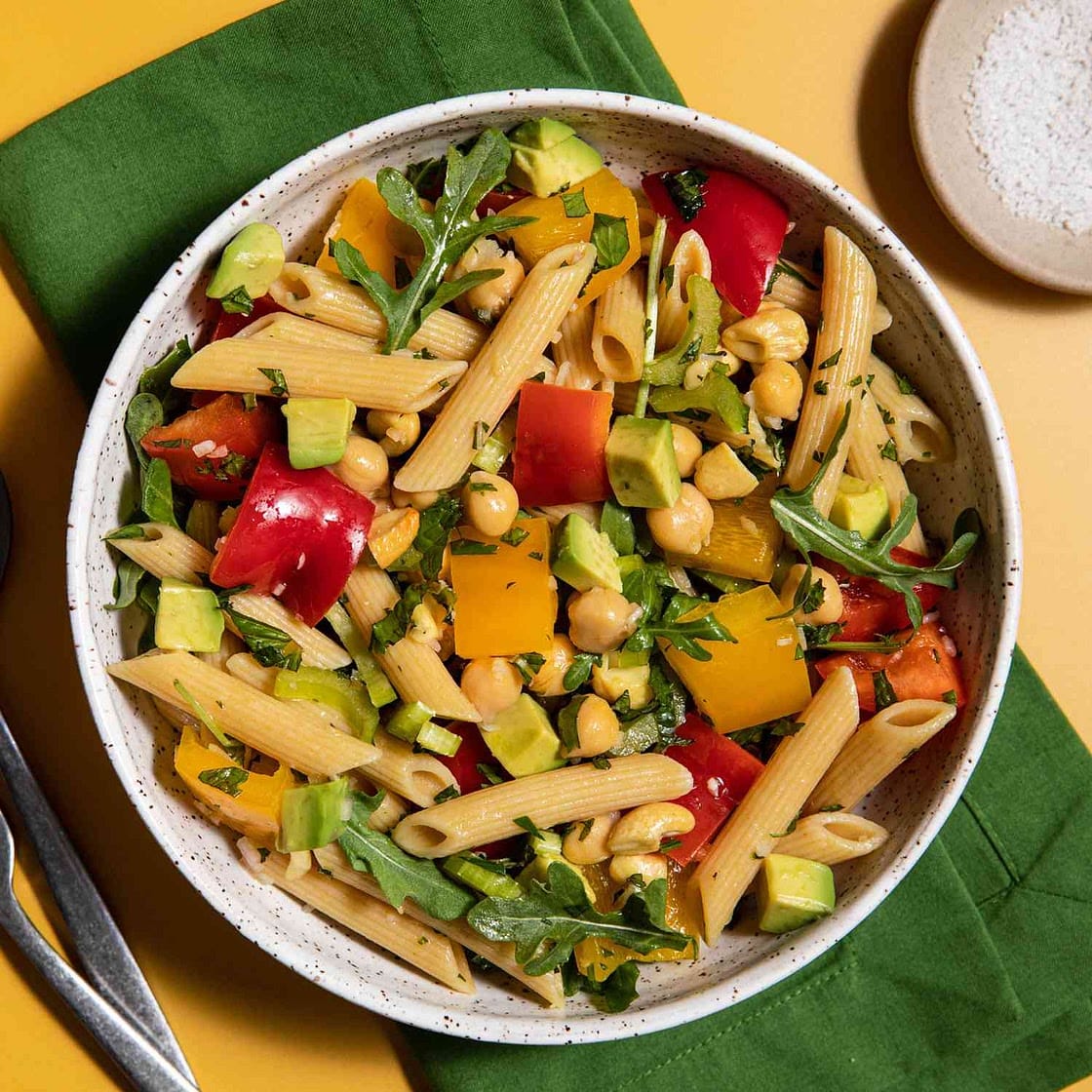 Cashew, Chickpea & Pasta Salad with Cilantro Mint Shallot Vinaigrette