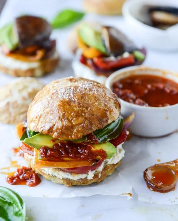 Grilled Veggie Sliders with Goat Cheese Spread and Roasted Red Pepper Vinaigrette