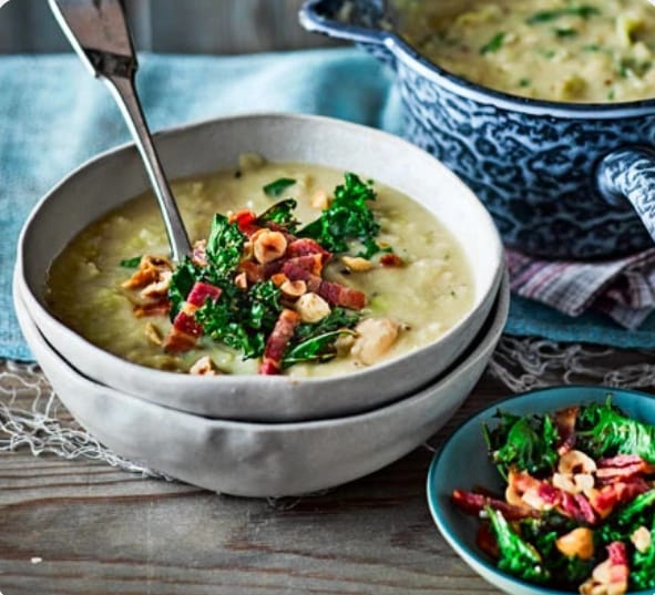 Leek & Butter Bean Soup with Crispy Kale & Bacon