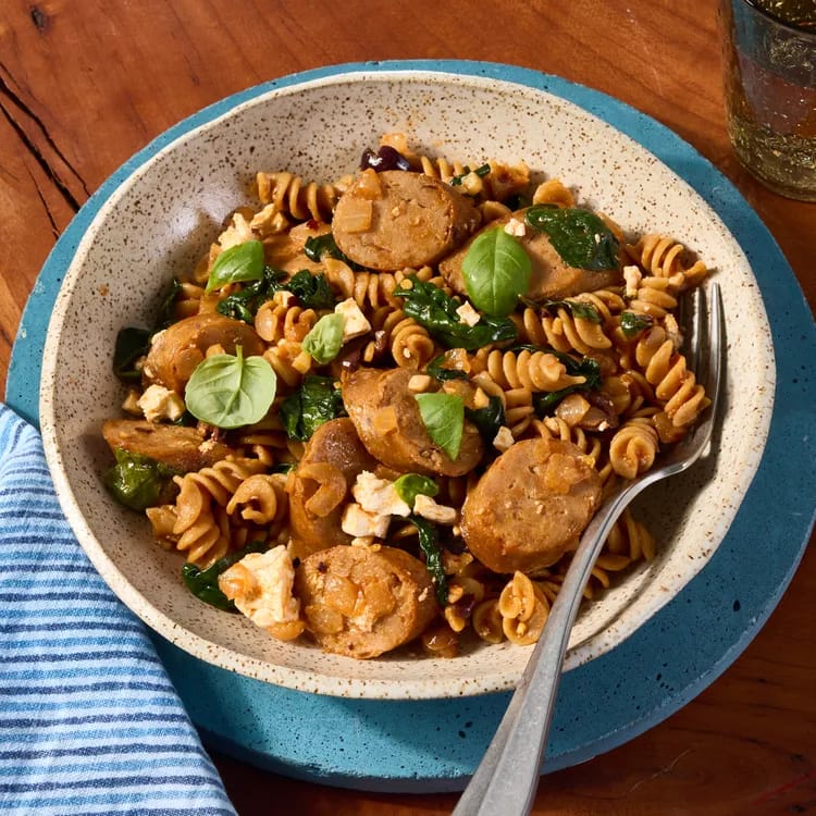 One Pot Spinach, Chicken Sausage & Feta Pasta