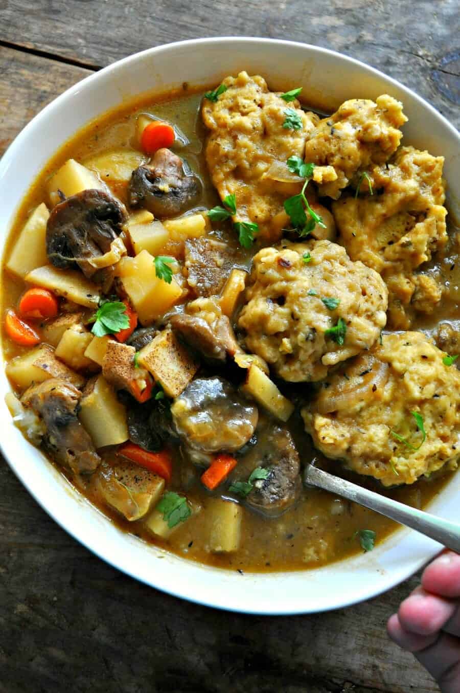 Slow cooker vegetable stew with cheddar dumplings