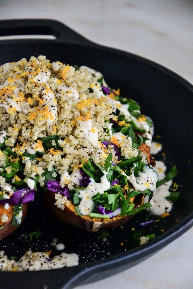 Stuffed Sweet Potato with Hummus Dressing