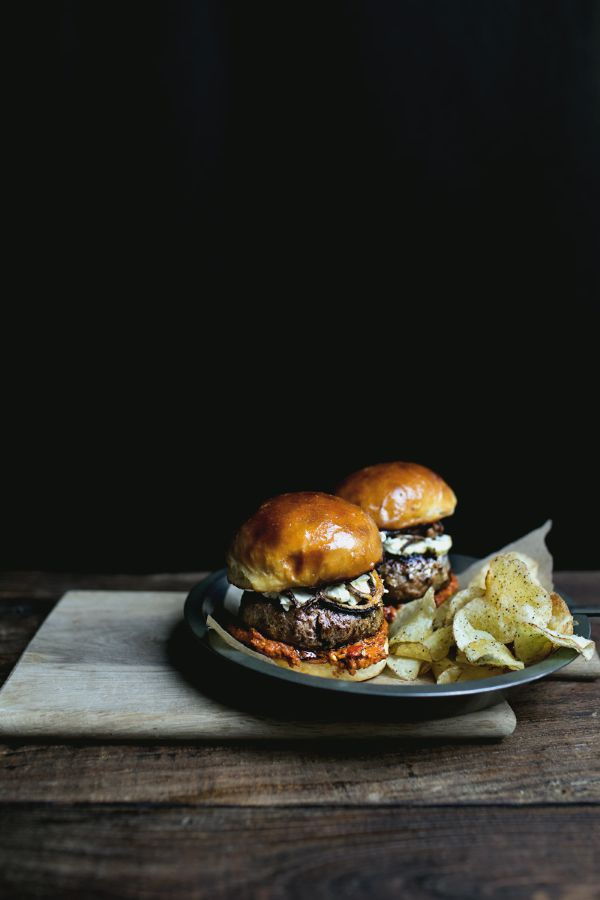 The Punch It Burger with Harissa Tomato Sauce and Cream Cheese