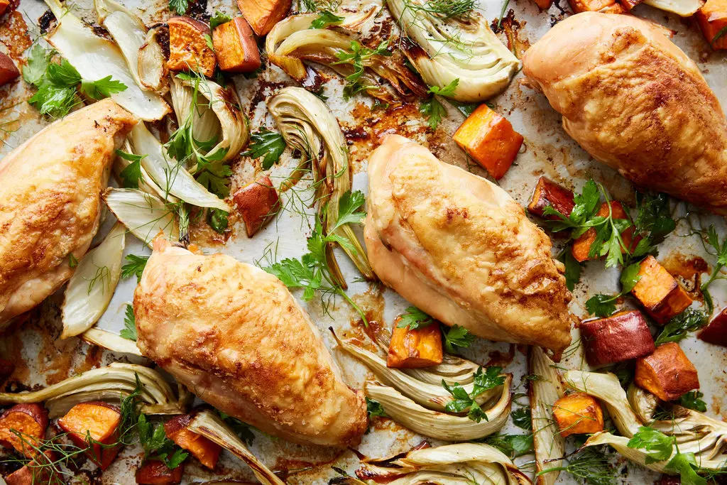 Roast Chicken with Sweet Potatoes, Carrots and Fennel