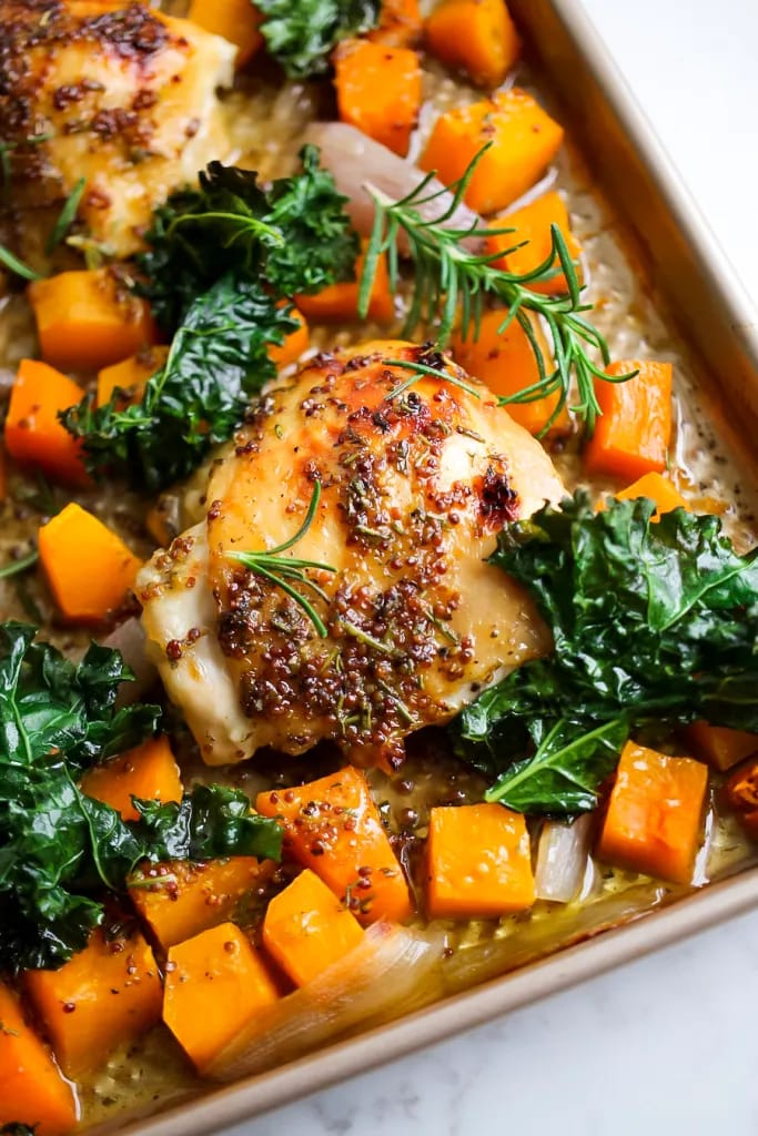 Sheet Pan Maple Dijon Chicken & Butternut Squash & Brussels Sprouts Recipe (3)